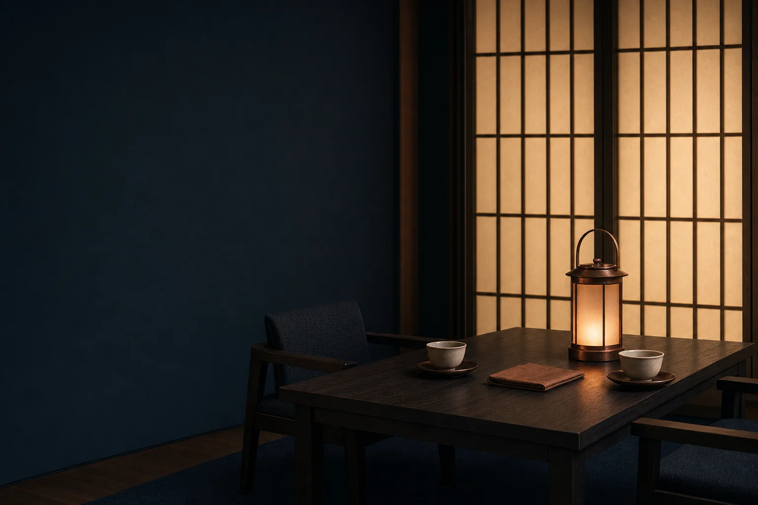 A low wooden table set for two with ceramic tea cups in a dim room, a paper screen glowing warm behind it