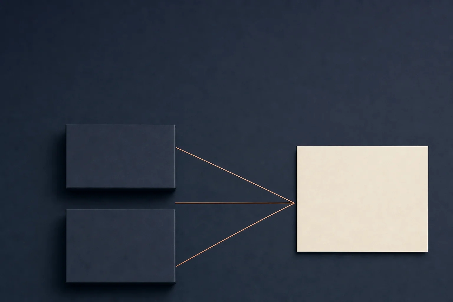 A plain ivory card and two blank navy product boxes on a navy surface, joined by thin copper comparison lines