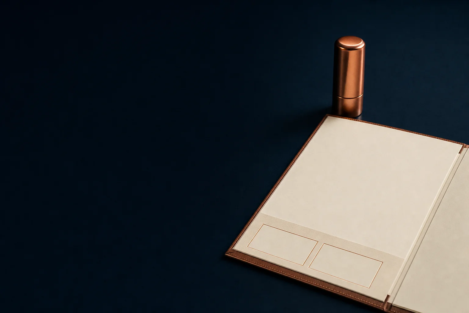 A blank ivory contract folio on a navy desk beside a plain copper seal case and two unmarked signature blocks