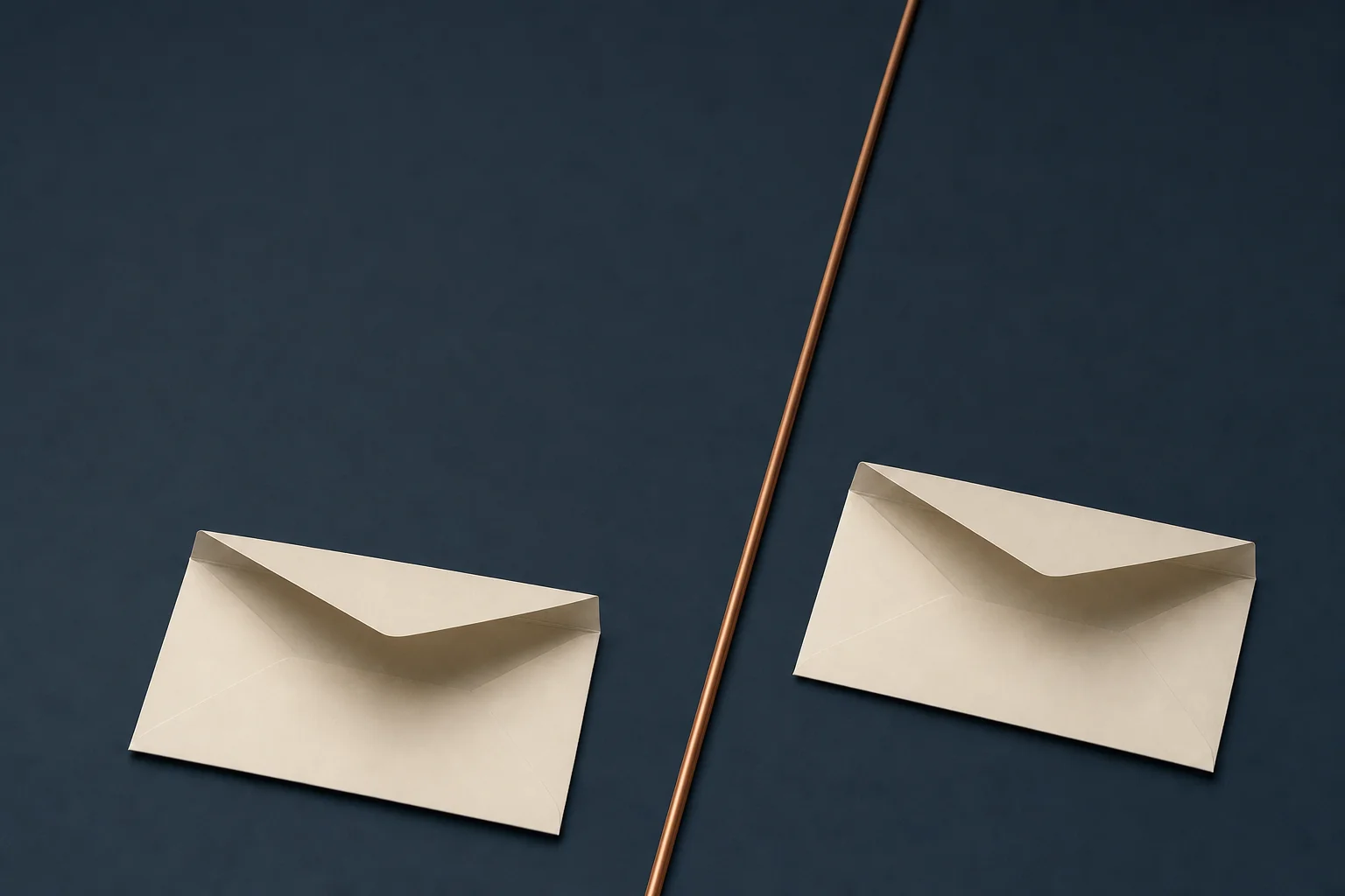 Two blank ivory envelopes on a navy surface on either side of a thin copper rod laid flat across the middle