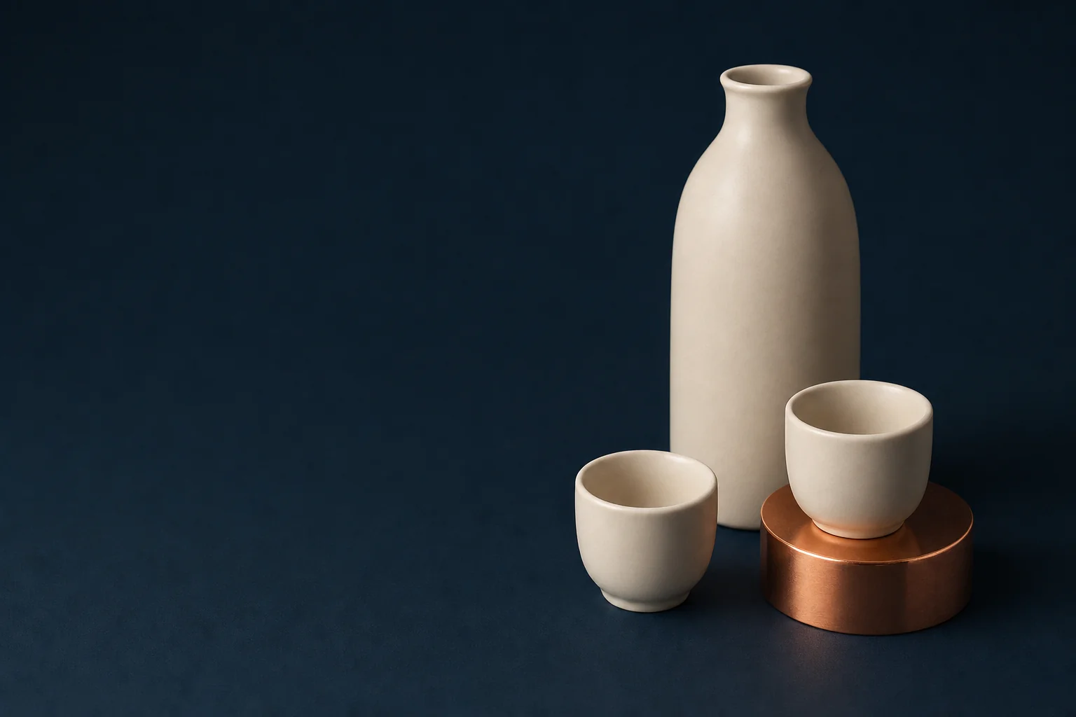 A plain unlabelled ivory ceramic bottle standing behind two ivory cups on a navy table, the right-hand cup raised on a copper cylinder so that it sits higher than the left