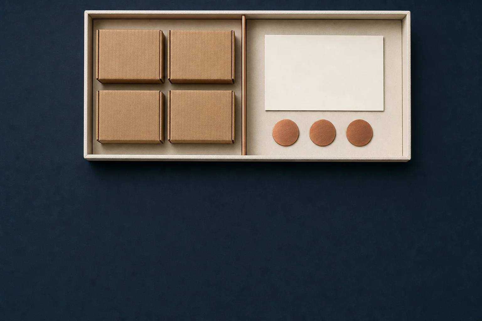 A divided ivory tray holding four plain cardboard cartons on one side and a blank card with three copper discs on the other