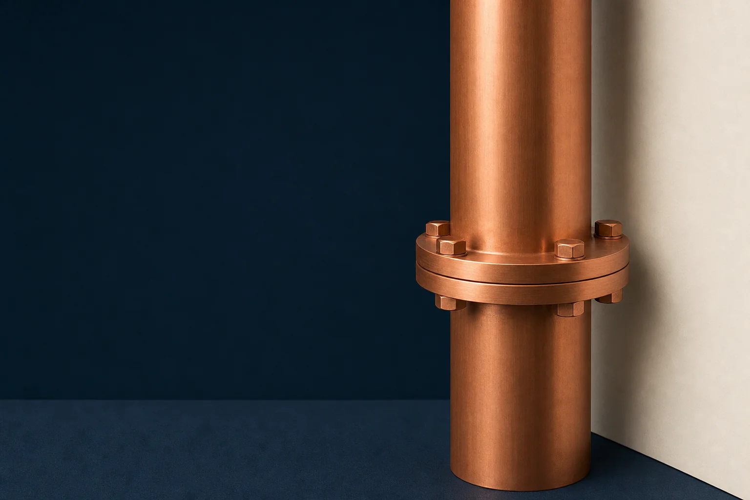 A bolted copper flange joining two plain copper pipe sections in front of a blank ivory wall on a navy floor