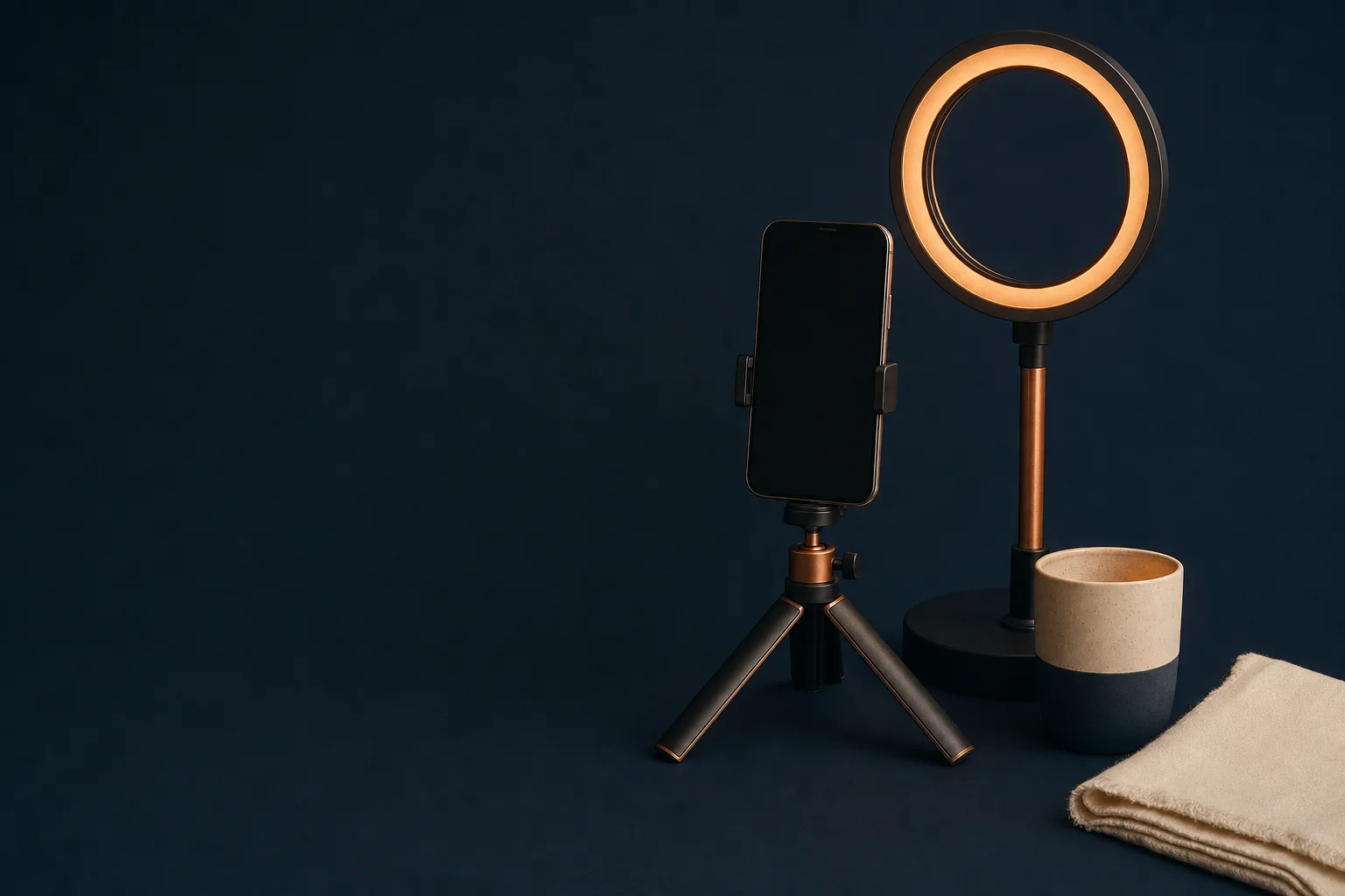 A ring light, a smartphone on a small tripod, and a ceramic cup on a navy tabletop in warm copper light