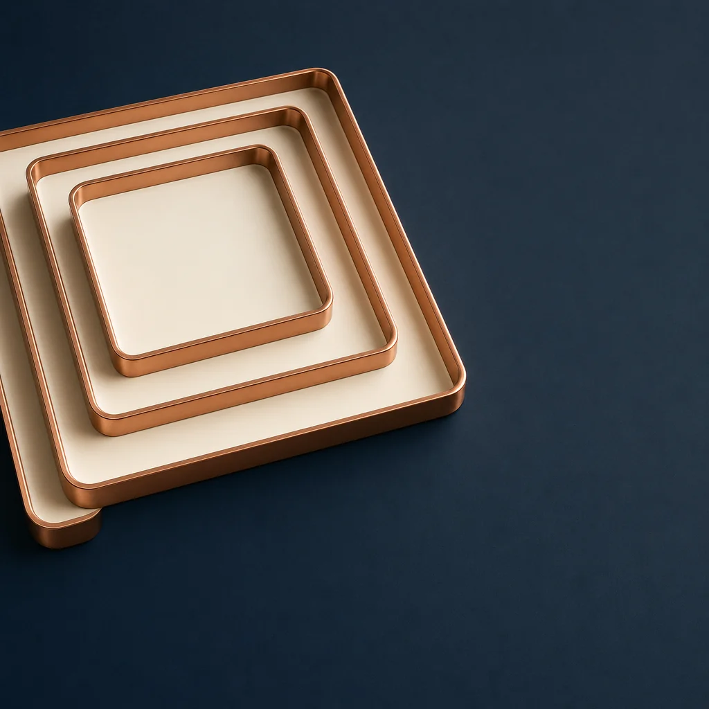 Three copper-rimmed ivory trays of decreasing size nested inside one another on a navy surface