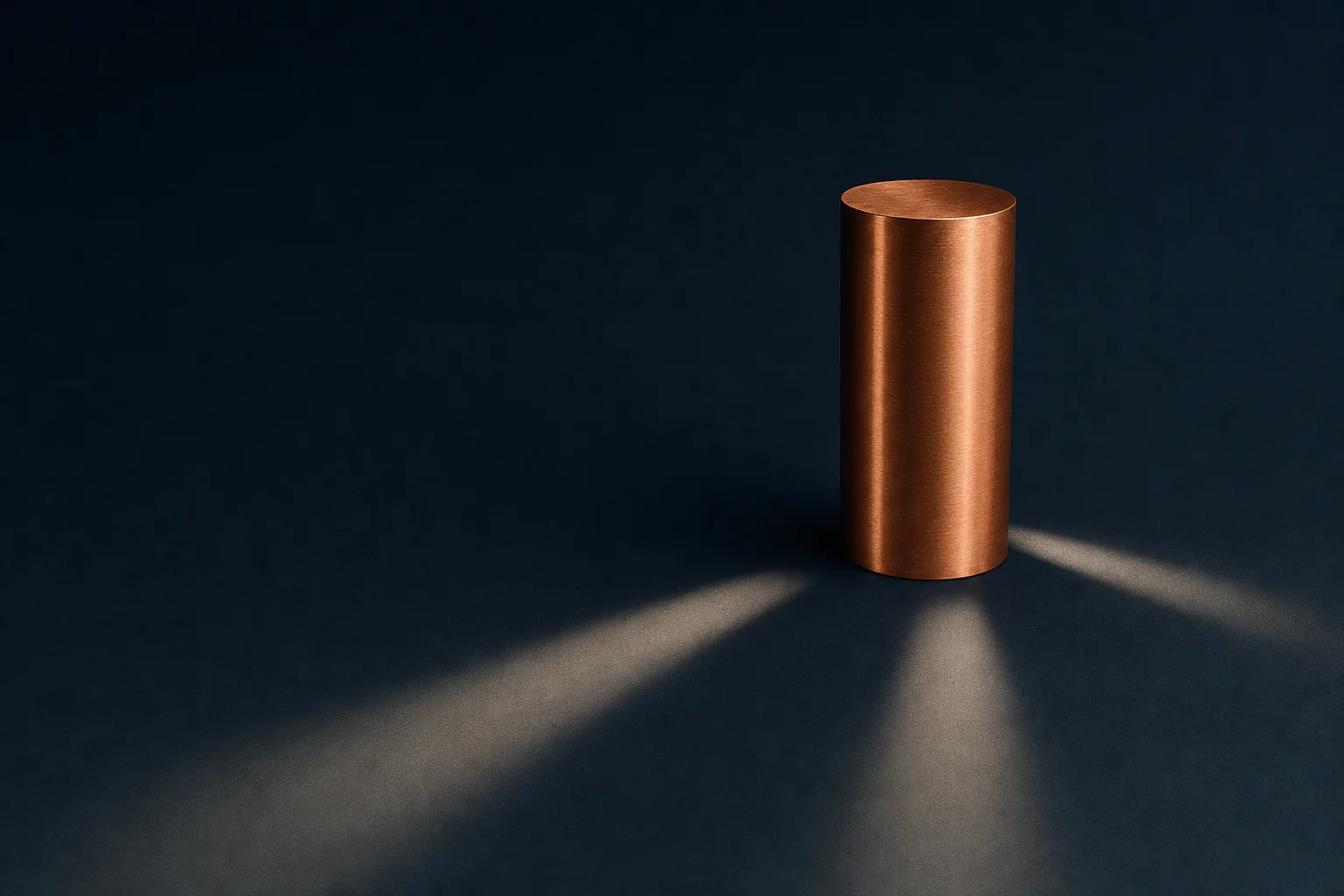A single brushed copper cylinder stands on a navy floor with pale bands of light and shadow fanning out around it