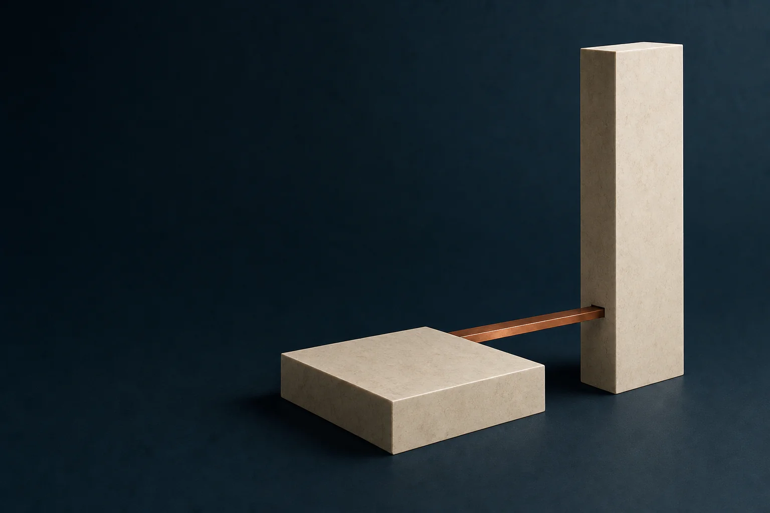 A tall upright blank ivory stone block and a low flat ivory slab on a dark navy floor, joined by one copper bar