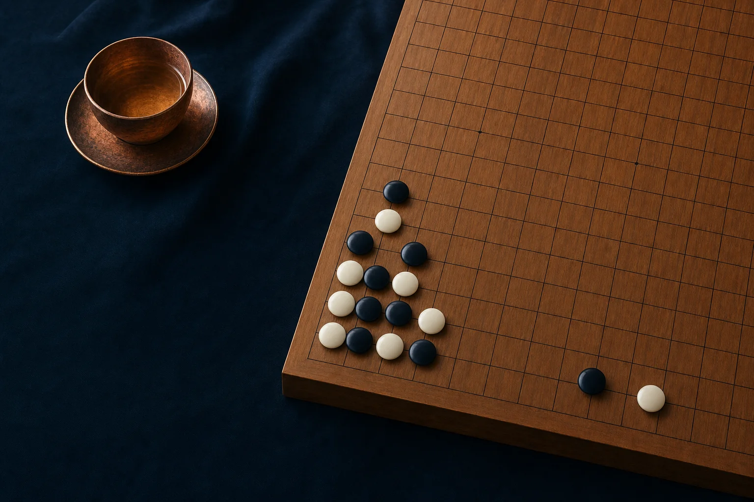 A baduk board with an opening pattern of stones placed near one corner, most of the board still empty