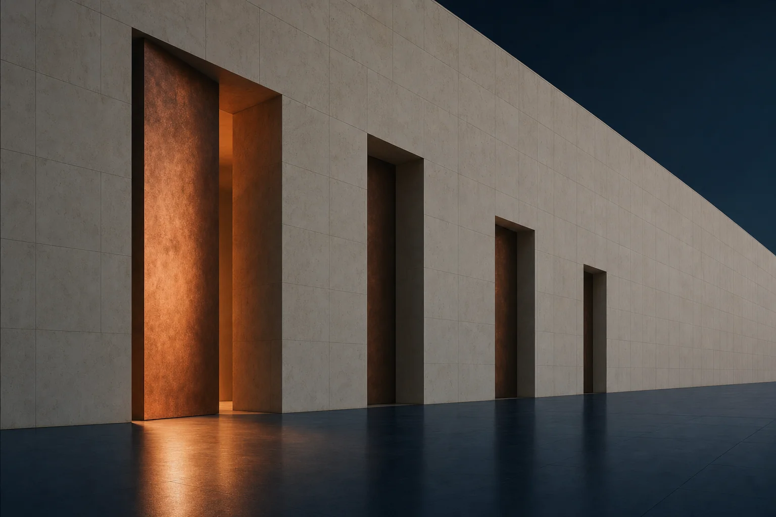 Four doorways of different depths in an ivory stone wall, the nearest opening onto warm copper light