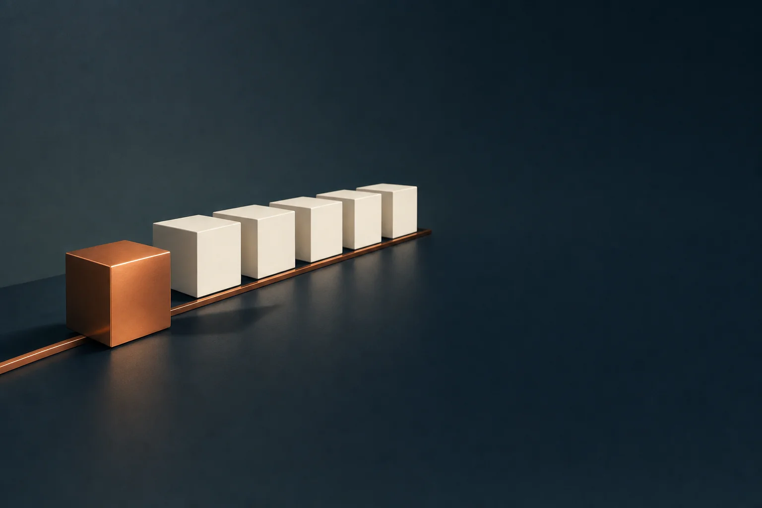 A copper cube standing ahead of five plain ivory cubes along a copper rail on a navy floor