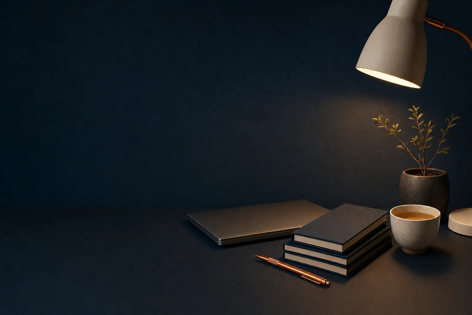 A desk lamp lights a closed laptop, a stack of navy notebooks, a copper pencil, a cup of tea, and a small plant against a dark navy wall