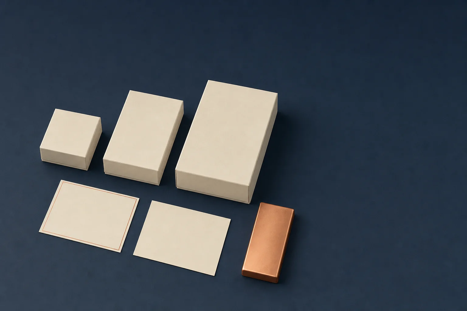 Three blank ivory boxes of increasing size on a navy surface beside plain cards edged in copper