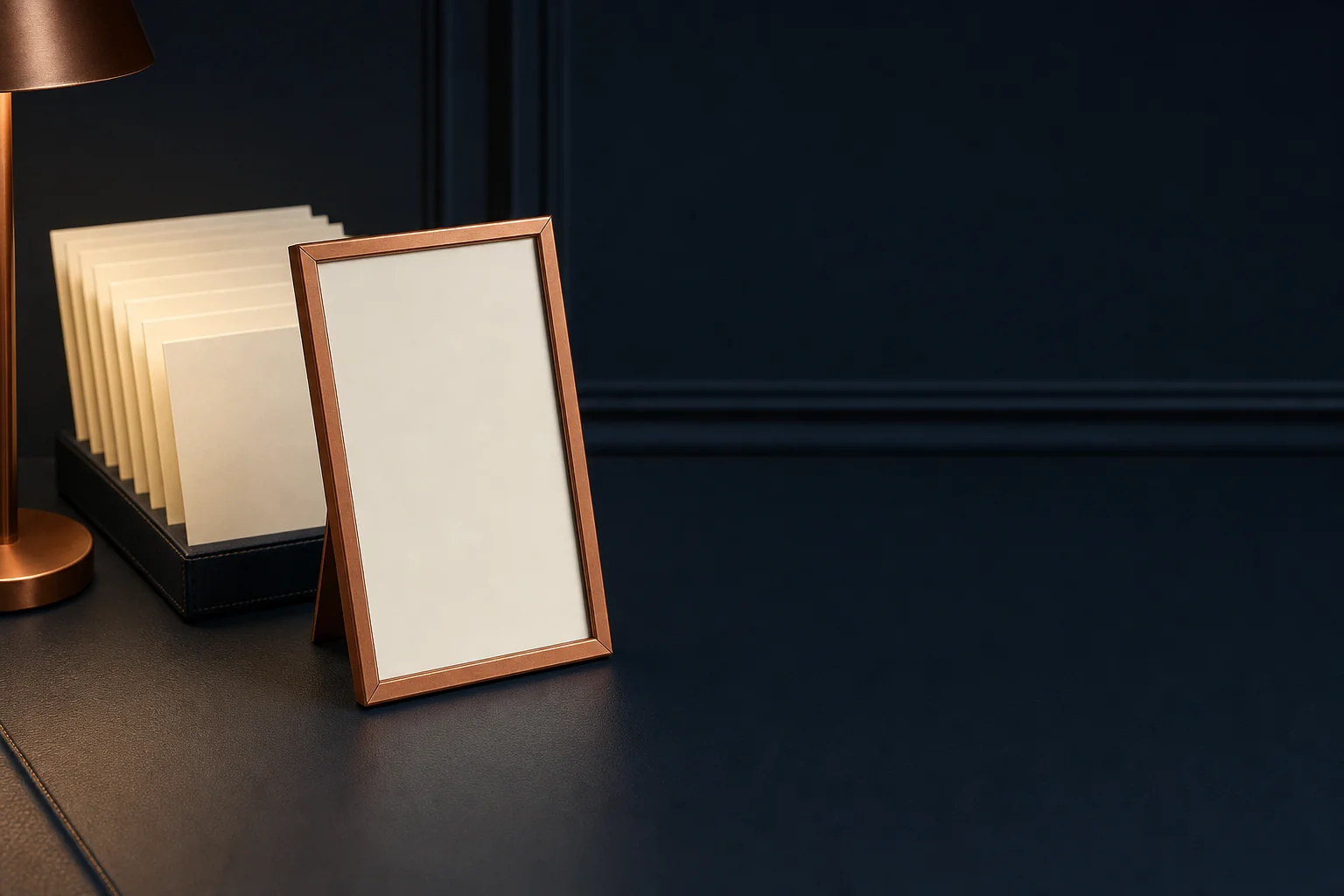 A blank ivory card in an upright copper frame standing in front of a rack of plain ivory cards on a navy desk