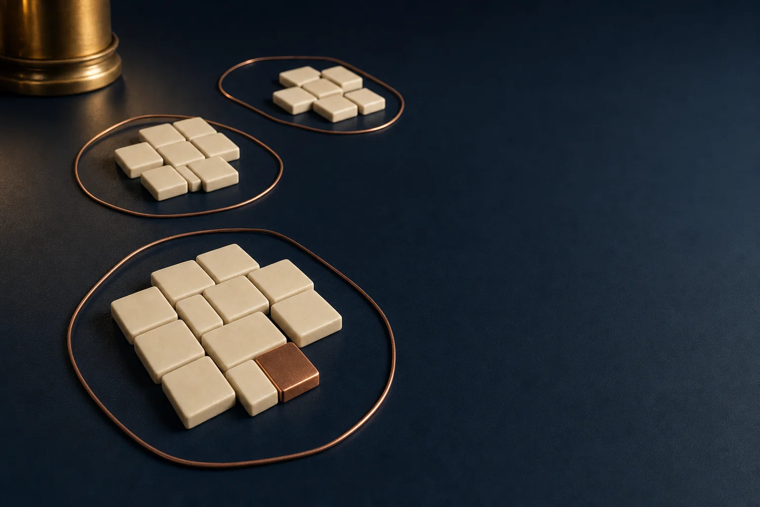 Three groups of plain ivory tiles on a navy surface, each ringed by a copper wire border, with a single copper tile placed inside one group.