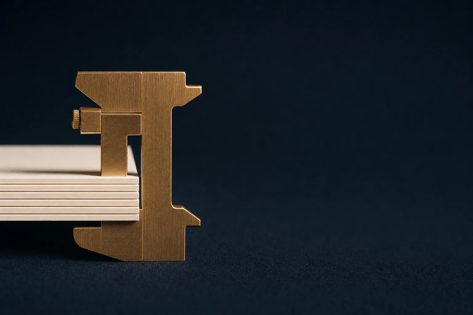 A brass caliper measuring a stack of ivory cards on navy felt