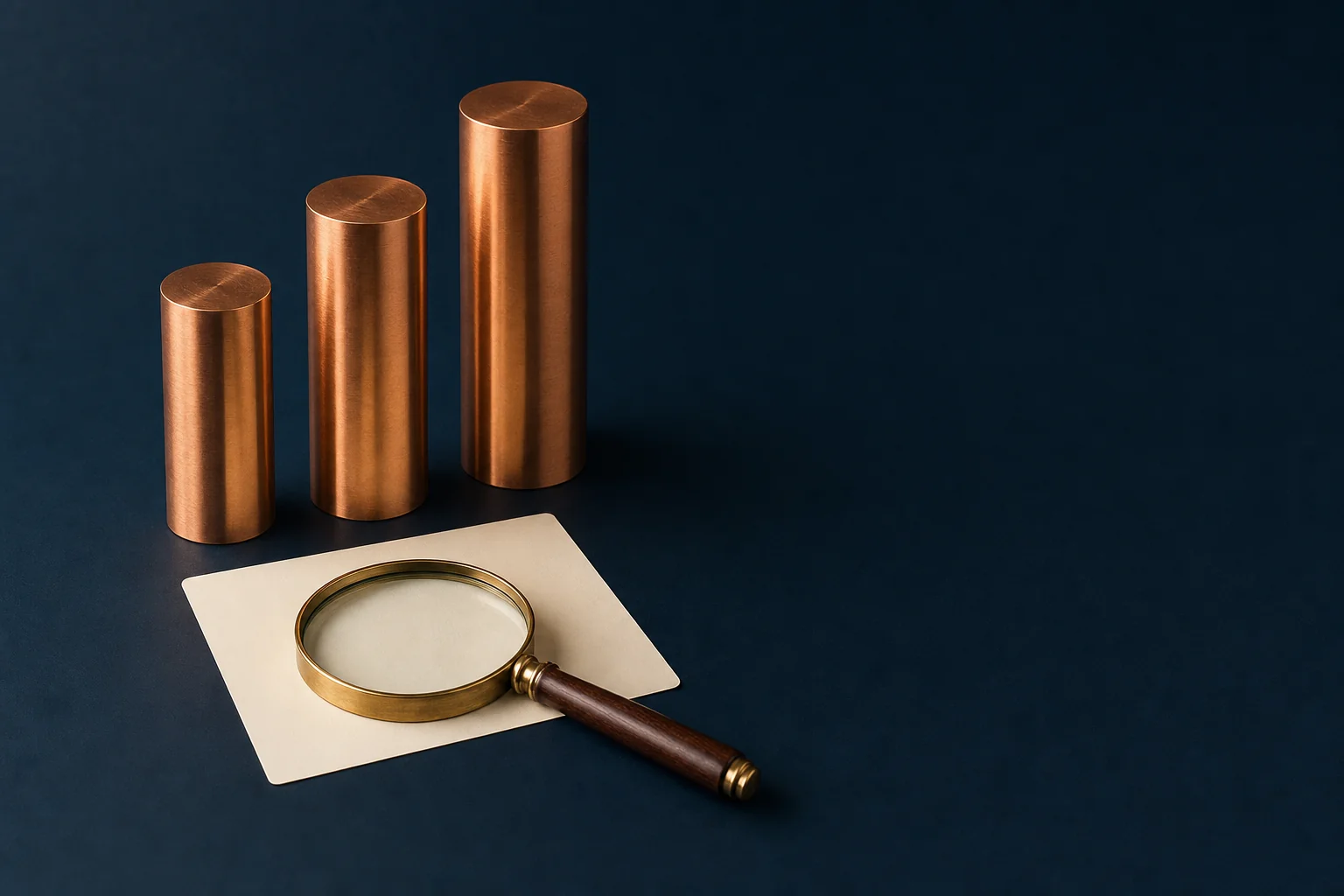 Three copper cylinders of increasing height beside a magnifying glass resting on a blank ivory card