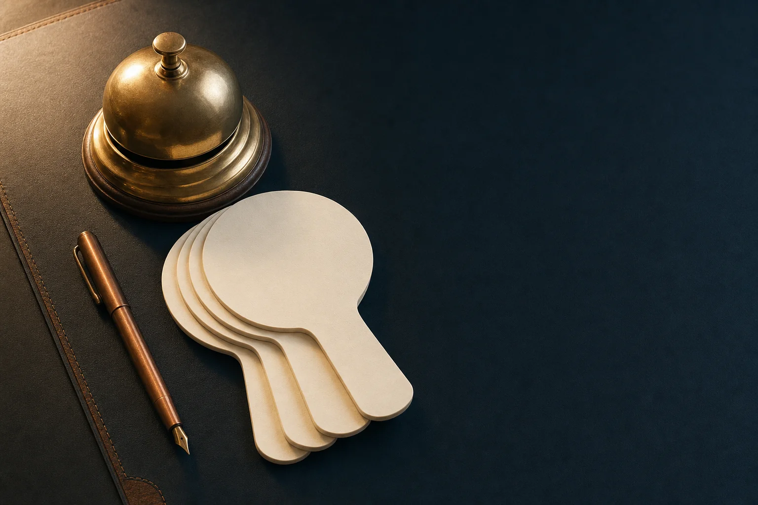 A brass counter bell, a stack of blank ivory paddles, and a copper pen on a navy leather desk blotter