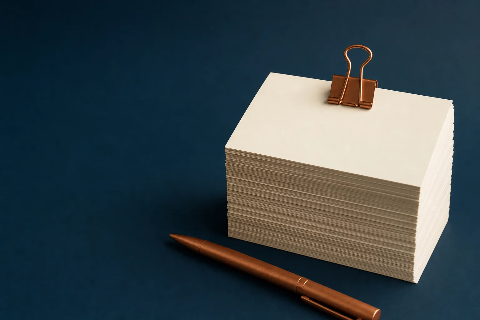 A tall stack of blank ivory index cards bound with a copper clip beside a copper pen on a navy desk