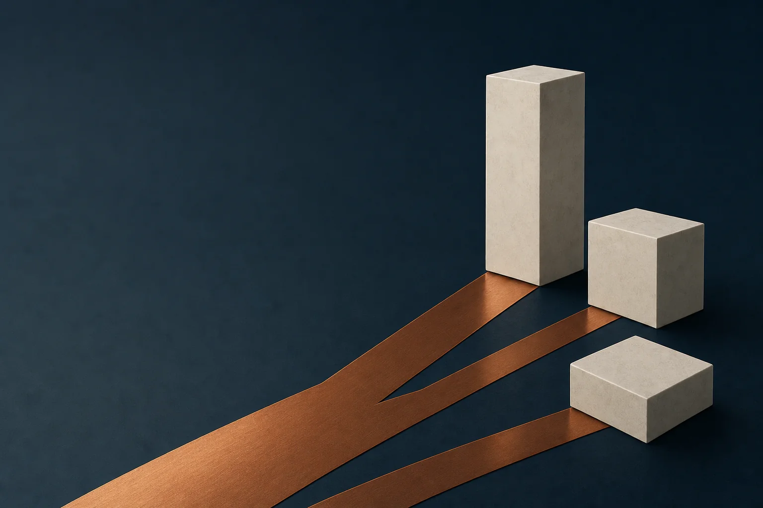 Three ivory blocks of different heights stand at the ends of three copper paths that converge on a navy surface