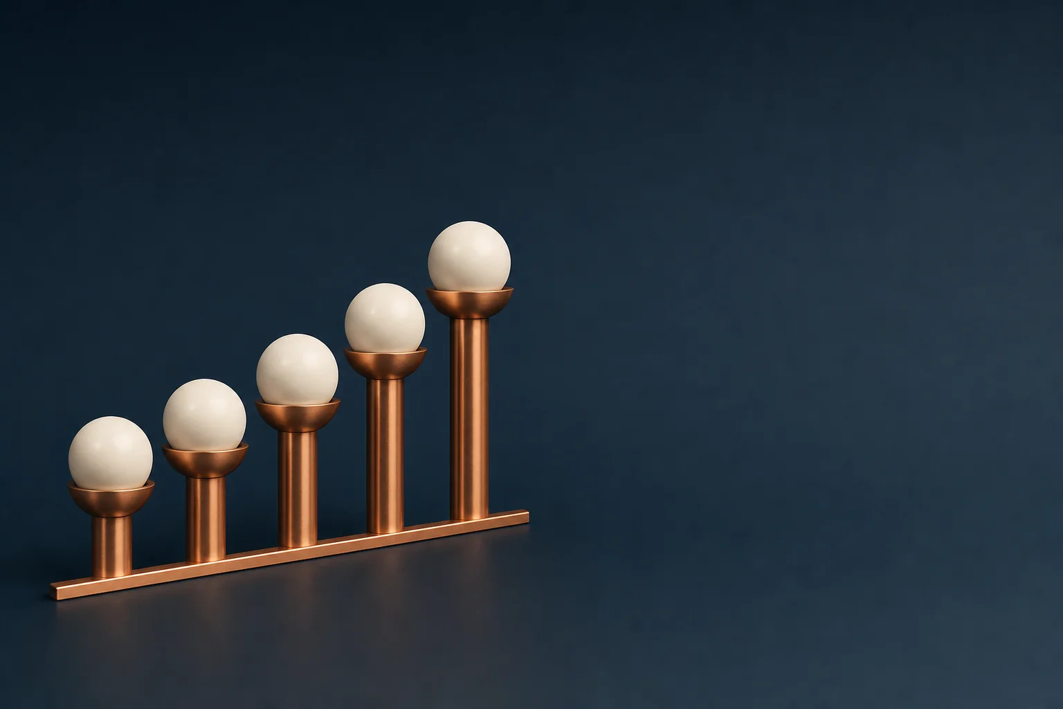 Five ivory spheres rise on copper columns of increasing height along a copper rail against a navy background