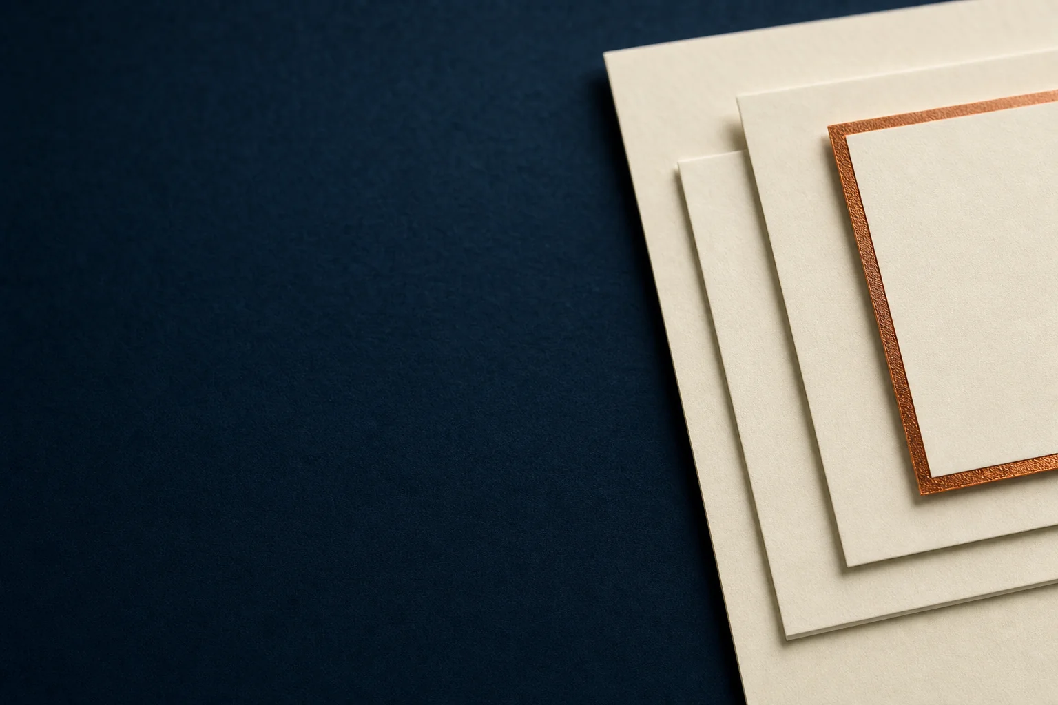 Ivory cards of varying sizes stacked on navy felt, one edged in copper