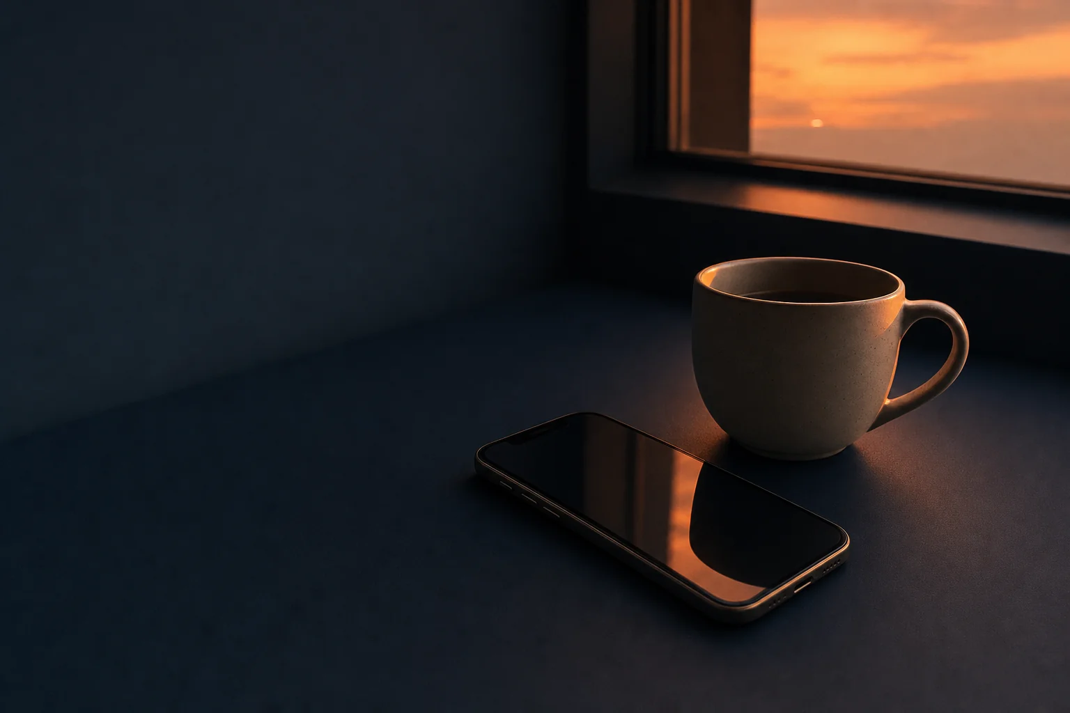 A smartphone and ceramic cup on a navy desk at dusk