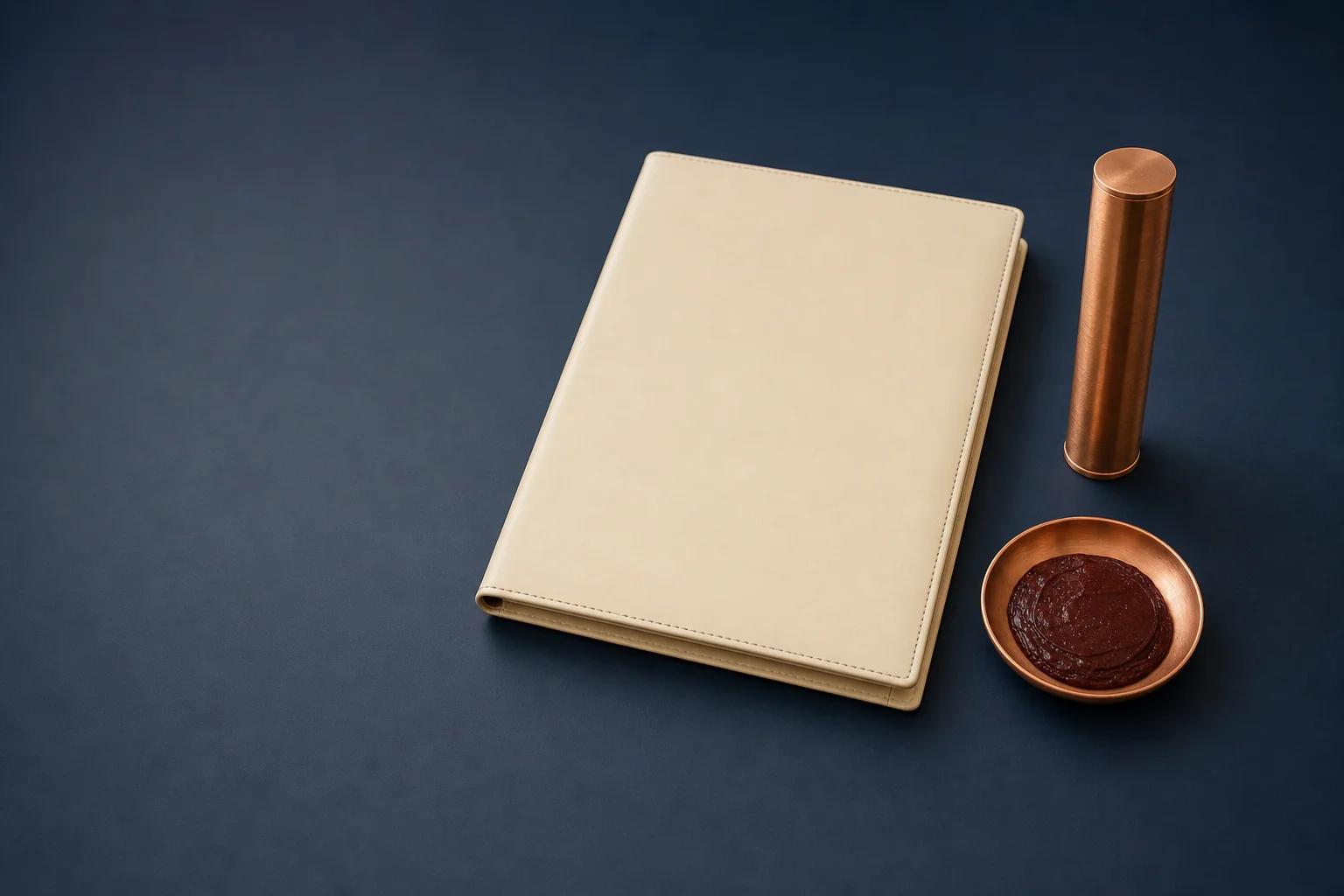 A blank ivory document folio on a navy desk beside a plain copper seal case and a shallow dish of seal paste
