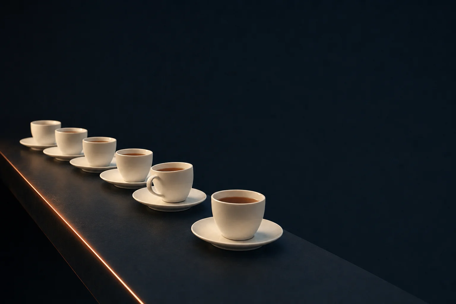 Six ivory teacups on saucers in a row along a navy table edge, one of them turned so its handle faces the viewer