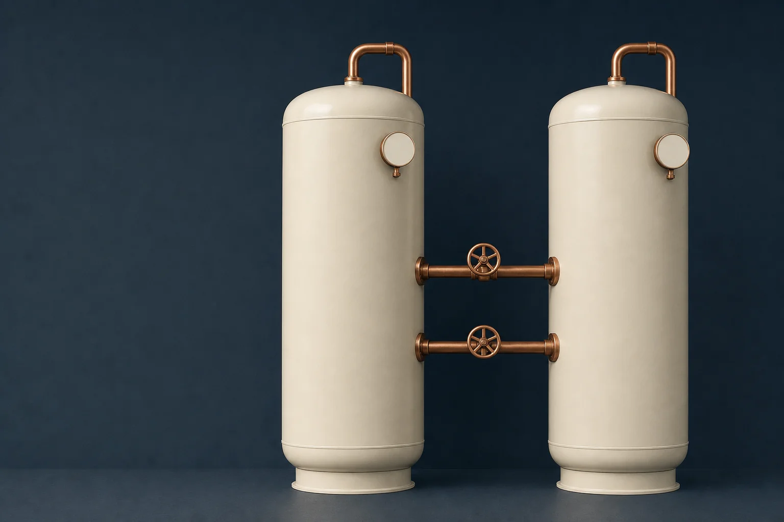 Two ivory cylindrical process vessels linked by copper piping and hand valves against a plain navy wall