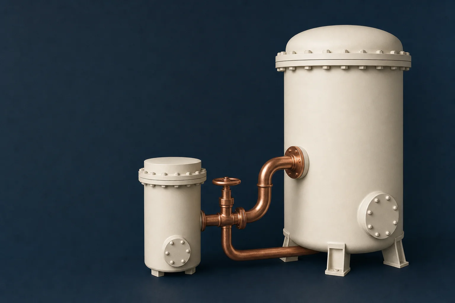 A sealed ivory process vessel joined by copper piping to a smaller cylindrical unit on a navy surface