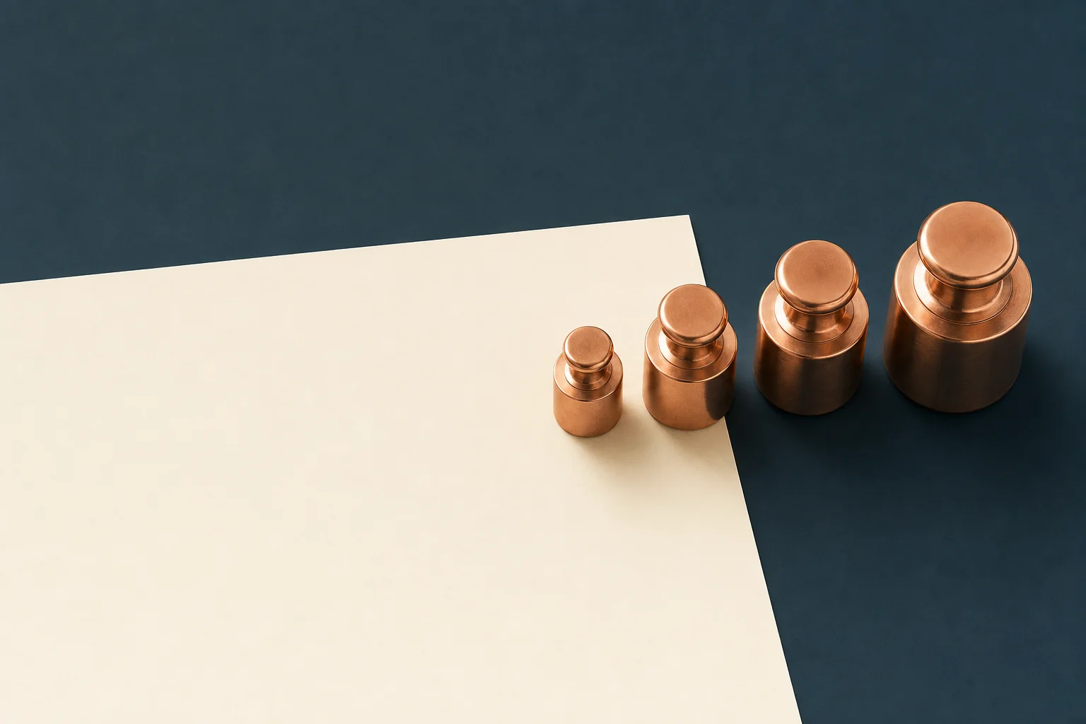 Four copper calibration weights of increasing size standing in a row along the edge of a blank ivory sheet