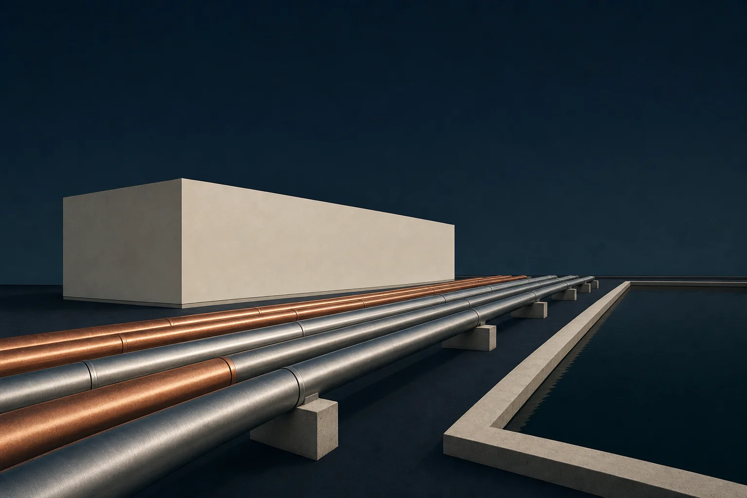 Rows of copper and steel pipe headers on concrete cradles running toward a blank ivory utility block beside a still rectangular water basin