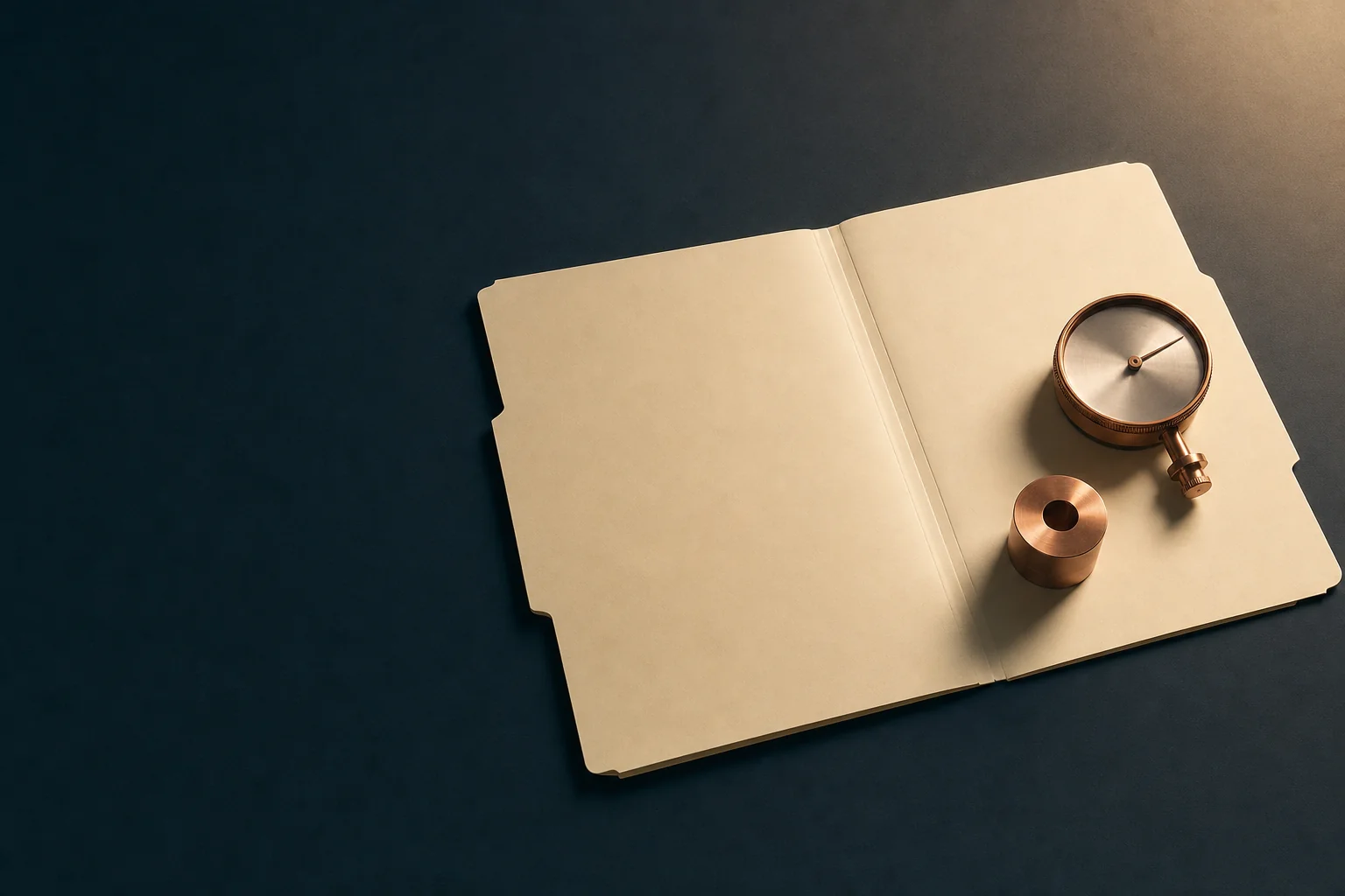 An open ivory folder and a copper measuring gauge arranged on a dark navy desk surface