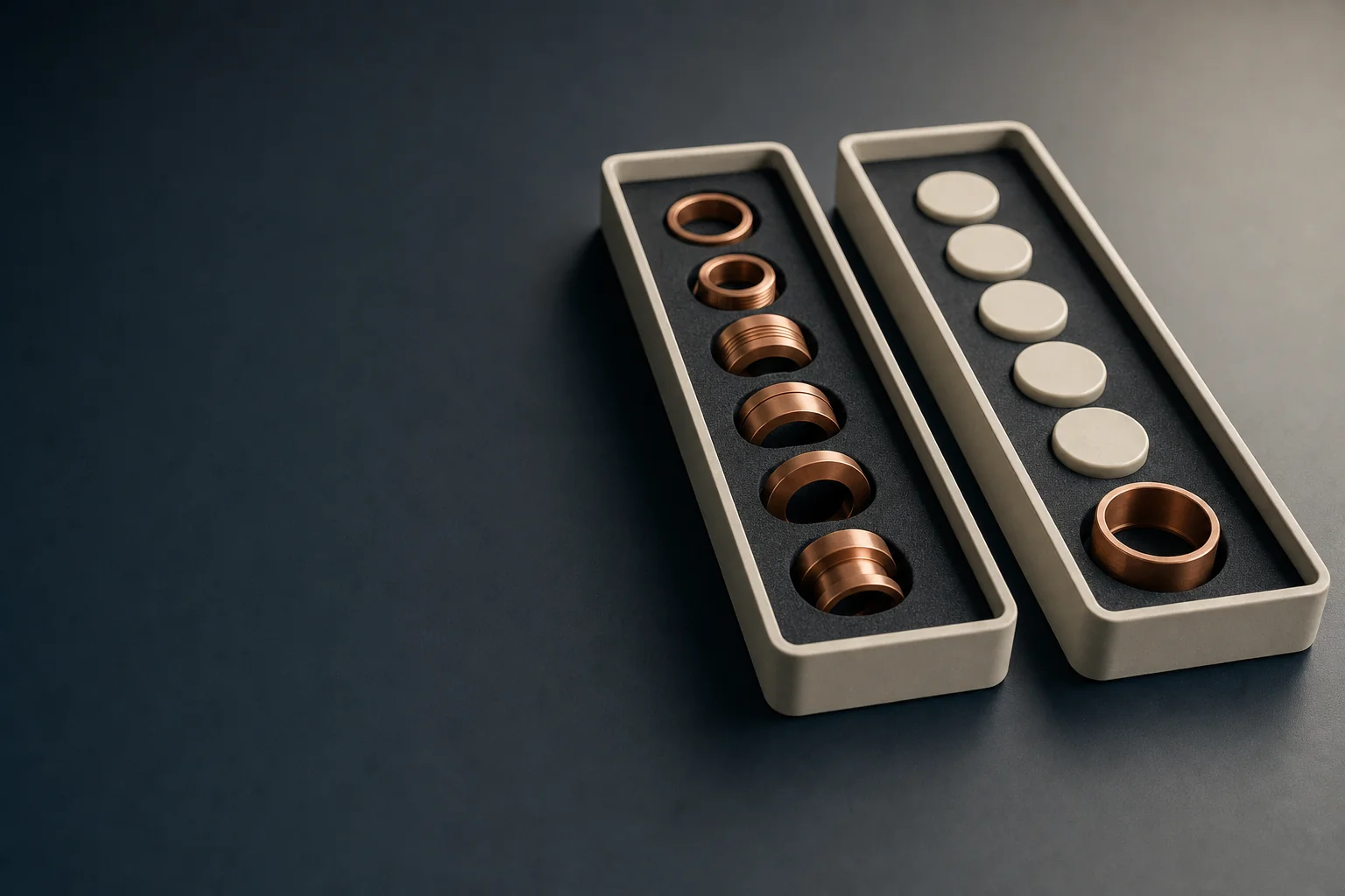 Two ivory parts trays side by side on a navy bench, one holding copper fittings and the other pale ceramic discs