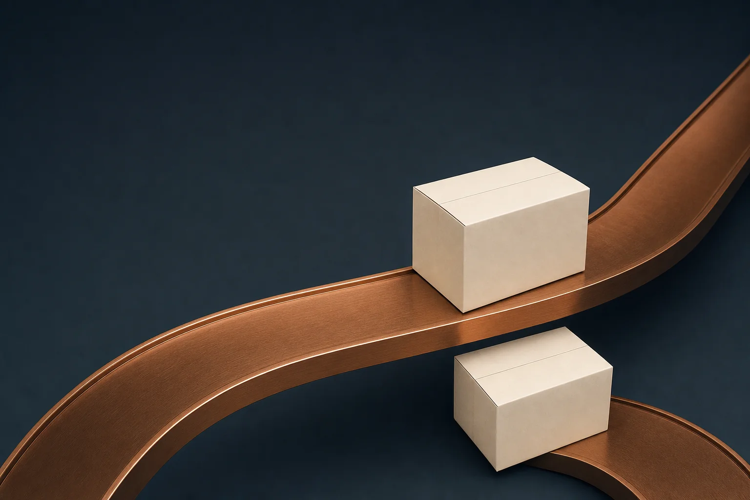 Two plain ivory cartons travel on two curving copper tracks that separate against a navy background