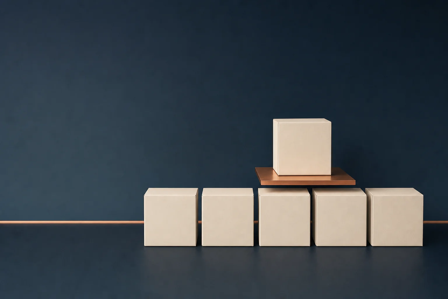 Five identical ivory cubes stand in a row on a navy floor with a sixth cube raised above them on a copper shelf