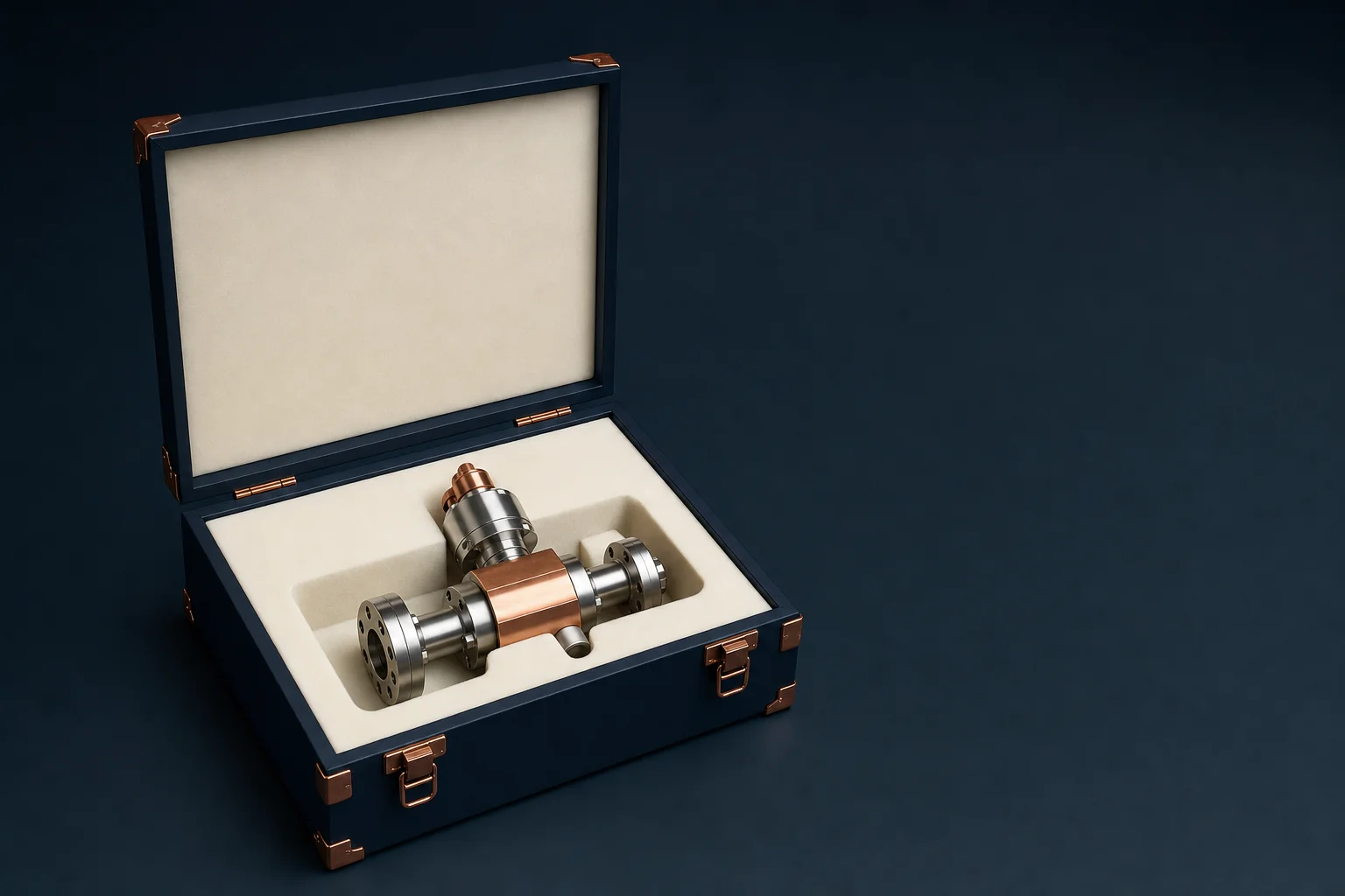 An open navy transport case lined with ivory foam holding a stainless and copper flanged valve assembly
