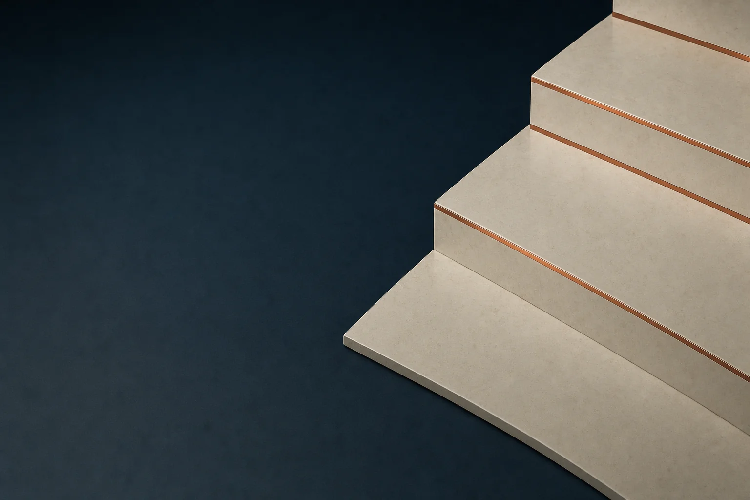 Four shallow blank ivory stone steps curving down onto a matte navy floor, each tread edged with a thin copper line