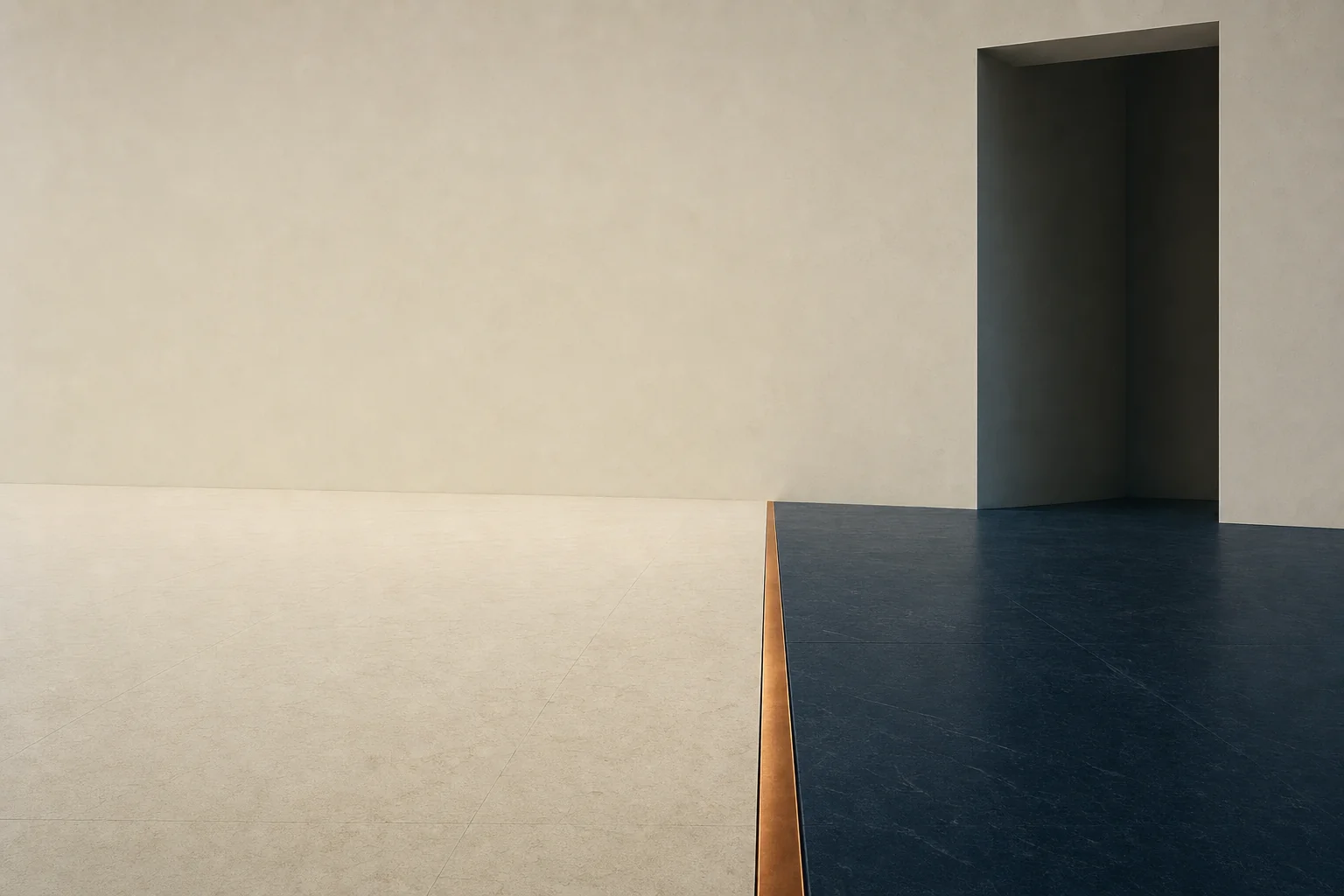 A pale ivory stone floor meeting a darker navy stone floor along one straight seam inlaid with a copper strip, with a dark doorway in the ivory wall at the right