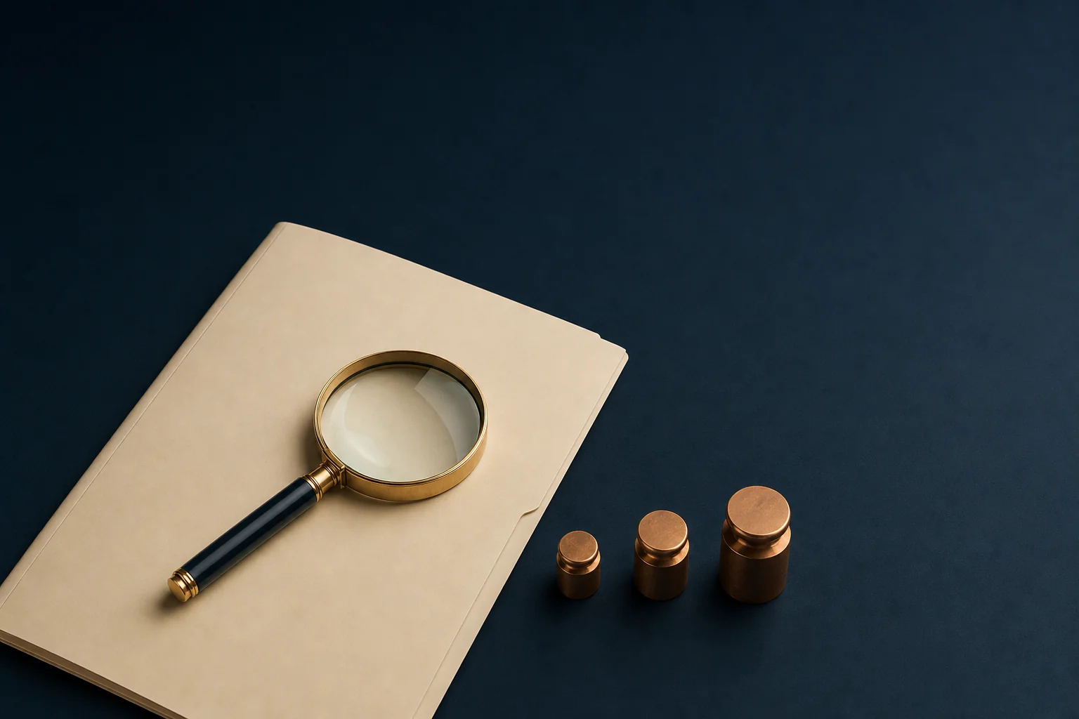 A brass magnifier resting on a plain ivory folder beside three small copper measuring weights on a dark navy desk