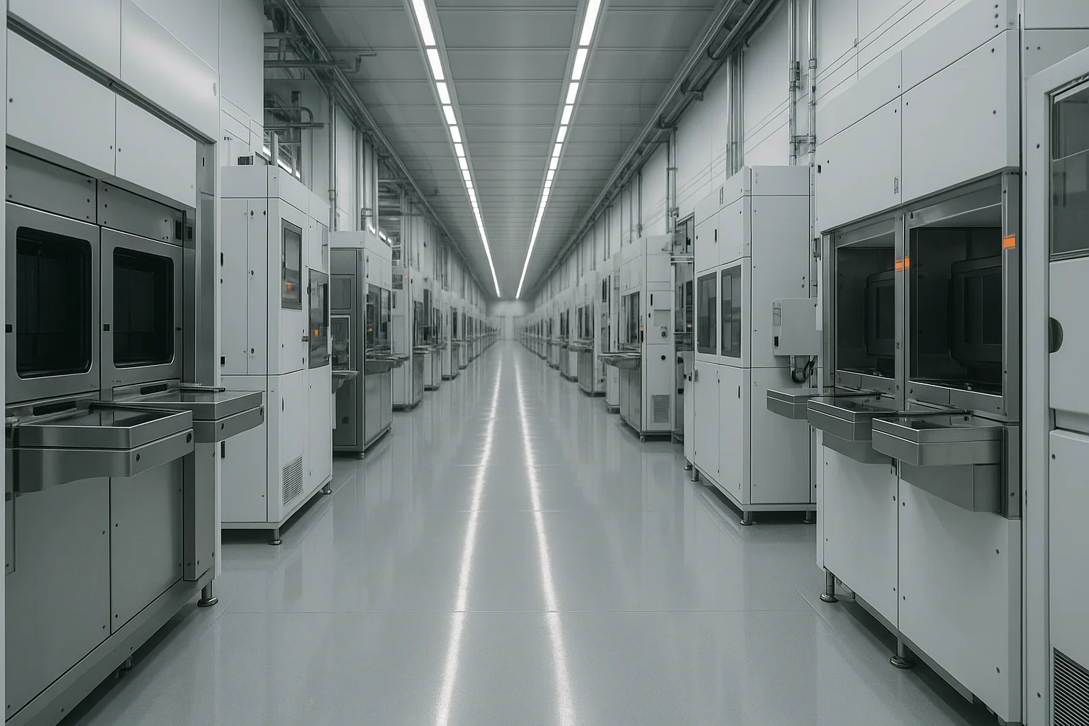 Corridor of precision equipment inside a semiconductor fabrication facility