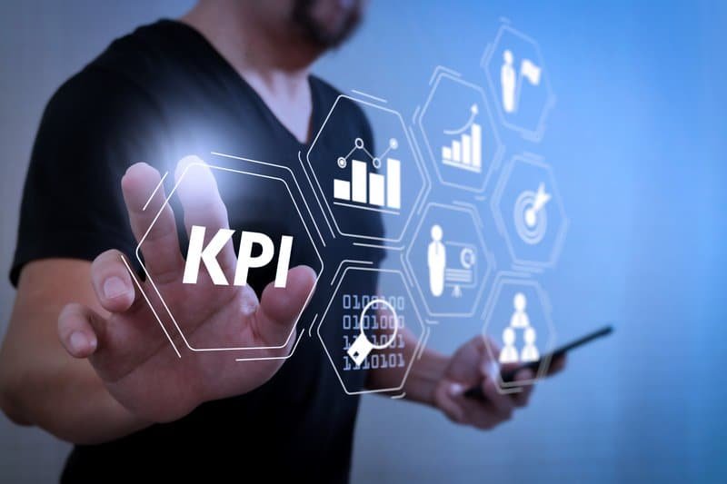 Key Performance Indicator (KPI) workinng with Business Intelligence (BI) metrics to measure achievement and planned target.Designer hand pressing an imaginary button,holding smart phone.