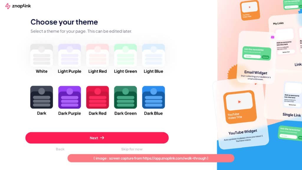 Choose your bio link theme from the available theme library in Znaplink | Joon K Lee