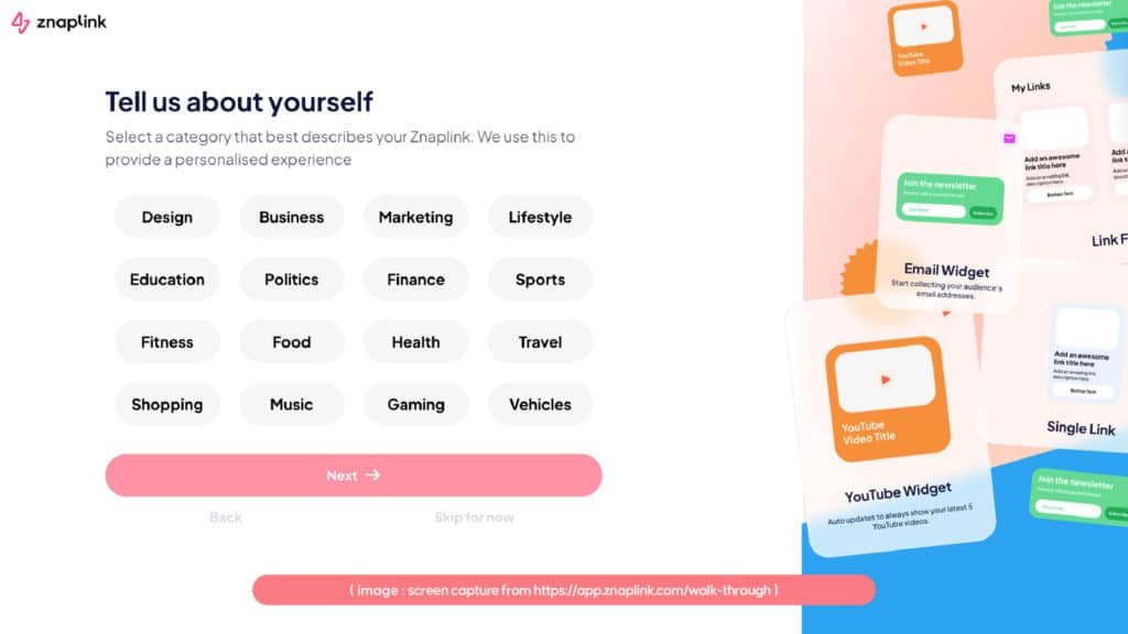 Choose the Categories You Classify Under and Znaplink will provide a personalized experience | Joon K Lee