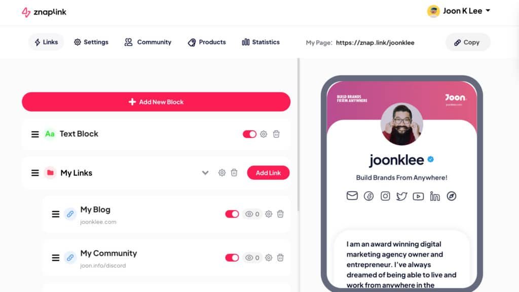Znaplink has an easy-to-use and simple interface with a modern UI | Joon K Lee